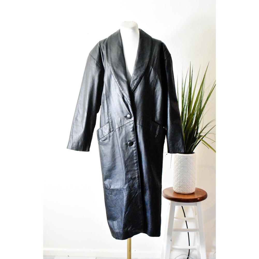 Comint Leather Trench Coat Womens Petite M Black 80s Shawl Collar Long Jacket